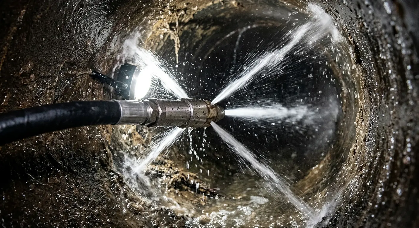 High-pressure hydro jetting nozzle cleaning sewer pipe for Emergency Drain Service in Ripon