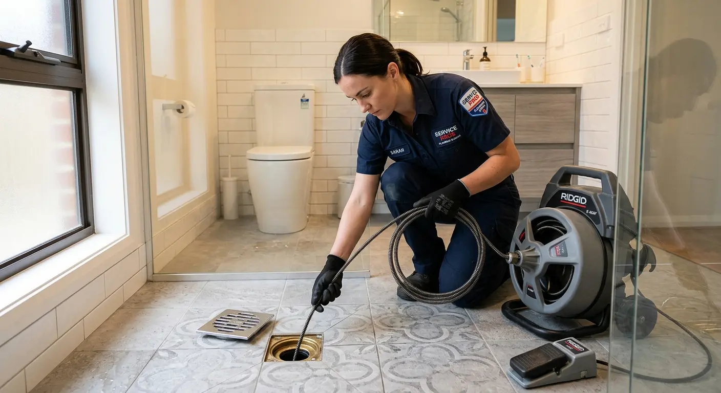 Technician clearing a bathroom floor drain for Drain Repair in Ripon